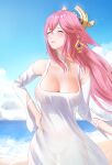  1girl absurdres animal_ears beach blue_sky blush breasts casual cleavage closed_eyes cloud collarbone covered_nipples cowboy_shot day detached_sleeves dress earrings floppy_ears fox_ears genshin_impact hair_between_eyes hair_ornament hand_on_hip happy highres jewelry large_breasts long_hair low-tied_long_hair ocean outdoors parted_lips pink_hair relaxed rosumerii sand see-through_silhouette sky smile solo twitter_username water white_dress white_sleeves wind yae_miko 