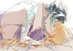  2boys aether_(genshin_impact) ahoge arm_tattoo arms_around_neck back_tattoo bed_sheet black_hair blonde_hair closed_eyes commentary_request eyeshadow genshin_impact green_hair green_nails hand_on_another&#039;s_head hand_on_another&#039;s_neck highres hug kiss long_hair lying lying_on_person makeup miyanagi_(mi201) multicolored_hair multiple_boys on_back on_bed purple_shirt red_eyeshadow shirt short_hair short_hair_with_long_locks short_sleeves simple_background sketch tattoo topless_male two-tone_hair white_background xiao_(genshin_impact) yaoi 