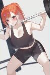 1girl absurdres ahoge arisugawa_natsuha bike_shorts blush breasts cleavage exercise feet_out_of_frame highres idolmaster idolmaster_shiny_colors large_breasts looking_at_viewer navel orange_hair ponytail solo sports_bra squatting steam steaming_body u-stadt weightlifting weights 