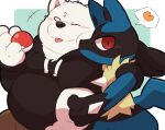 &lt;3 2022 96tning anthro belly big_belly blue_body blush bottomwear canid canine clothing duo eyes_closed hoodie kemono lucario male mammal nintendo overweight overweight_male pants pok&eacute;ball pok&eacute;mon pok&eacute;mon_(species) tongue tongue_out topwear video_games white_body 