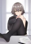  1girl absurdres bangs bingzhi_juzi black_legwear chair chinese_commentary closed_mouth contract eyebrows_visible_through_hair feet foot_focus girls&#039;_frontline girls&#039;_frontline_2:_exilium grey_hair highres legs legs_on_table light_brown_eyes looking_at_viewer no_shoes paper pencil scar scar_across_eye short_hair simple_background sitting smile soles solo table thighhighs toes ump45_(girls&#039;_frontline) 