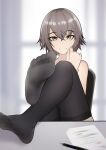  1girl absurdres bangs bingzhi_juzi black_legwear chair chinese_commentary closed_mouth contract eyebrows_visible_through_hair feet foot_focus girls&#039;_frontline girls&#039;_frontline_2:_exilium grey_hair highres legs legs_on_table light_brown_eyes looking_at_viewer no_shoes paper pencil scar scar_across_eye short_hair simple_background sitting smile soles solo table thighhighs toes ump45_(girls&#039;_frontline) 