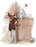  1boy armored_boots arrow_(symbol) bangs black_pants boots bucket closed_eyes ferdinand_von_aegir fire_emblem fire_emblem:_three_houses full_body gloves hair_between_eyes hand_on_hip horse long_hair male_focus open_mouth orange_hair pants robaco shiny shiny_hair sketch standing straight_hair white_gloves 