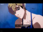  1boy anime_coloring apron bags_under_eyes empty_eyes fake_screenshot highres killing_stalking letterboxed male_focus naked_apron oh_sangwoo sono_(sononew) subtitled undercut 