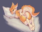  absurd_res anthro anus bdmon bodily_fluids breasts butt featureless_breasts female fingers fur furred_kobold genital_fluids genitals hi_res kobold looking_at_viewer lying noseless nude on_front pillow presenting presenting_hindquarters pussy pussy_juice simple_background smile solo spreading trisha_(bdmon) 