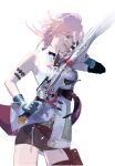  1girl arm_strap blue_eyes blue_gloves breasts cofffee final_fantasy final_fantasy_xiii fingerless_gloves floating_hair gloves holding holding_sword holding_weapon jacket lightning_farron medium_breasts open_hand pink_hair sleeveless sleeveless_jacket solo sword weapon white_background white_jacket 