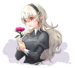  1girl bangs black_hairband black_shirt corrin_(fire_emblem) corrin_(fire_emblem)_(female) cropped_torso curly_hair fire_emblem fire_emblem_fates flower grey_hair hair_between_eyes hairband holding holding_flower long_hair long_sleeves open_mouth pointy_ears red_eyes red_flower robaco shirt simple_background sketch solo twitter_username upper_body very_long_hair white_background 