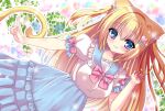  1girl :3 \n/ animal_ear_fluff animal_ears bangs blonde_hair blue_hair blush cat_ears cat_girl cat_tail dress eyebrows_visible_through_hair frills gradient_eyes hair_ornament hairclip hand_up heart heart_hair_ornament highres hinao impossible_clothes long_hair looking_at_viewer multicolored_eyes neck_ribbon original outline outstretched_arm plant puffy_short_sleeves puffy_sleeves purple_eyes ribbon sailor_collar sailor_dress short_sleeves smile solo sparkle tail twintails two_side_up very_long_hair vines white_outline 