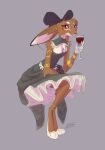  2022 accessory anthro barefoot beverage biped breasts clothed clothing ear_piercing eyeshadow feet female ferima fully_clothed hair_accessory hair_bow hair_ribbon hi_res holding_beverage holding_object lagomorph leporid makeup mammal orange_eyes piercing purple_eyeshadow rabbit ribbons solo 