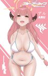  1girl aru_(blue_archive) bangs bikini blue_archive breasts cleavage collarbone cowboy_shot food halo highres horns large_breasts long_hair looking_at_viewer navel open_mouth pink_hair popsicle red_eyes smile solo swimsuit thighs vik_(xypt7474) white_bikini 