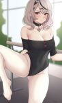  1girl bare_shoulders black_leotard breasts cleavage ear_piercing earrings hololive jewelry large_breasts leg_lift leotard looking_at_viewer pantyhose piercing red_eyes sakamata_chloe shellvi skindentation solo thighs white_hair white_legwear 