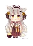  1girl :o absurdres animal_ears bell black_bow black_footwear black_ribbon bow bowl brown_hakama chibi diagonal-striped_bow fang fox fox_ears fox_girl fox_tail full_body grey_hair hair_bell hair_bow hair_ornament hair_ribbon hakama hakama_skirt highres in_bowl in_container japanese_clothes jingle_bell kimono long_sleeves looking_at_viewer multicolored_hair open_mouth original pink_hair ribbon sakura_oriko short_eyebrows simple_background skirt solo standing tabi tail thick_eyebrows translated two-tone_hair white_background white_kimono white_legwear wide_sleeves yellow_eyes zouri 