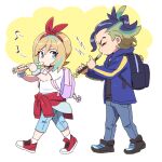  1boy 1girl adaman_(pokemon) alternate_costume backpack bag blonde_hair bow closed_eyes clothes_around_waist eyelashes flute instrument irida_(pokemon) jacket jacket_around_waist looking_at_another multicolored_hair music musical_note playing_instrument pokemon pokemon_(game) pokemon_legends:_arceus rnehrdyd1212 two-tone_hair walking younger 