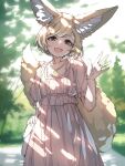  1girl :d animal_ear_fluff animal_ears bag bangs blonde_hair brown_eyes collarbone commentary_request day dress eyebrows_visible_through_hair fox_ears fox_girl fox_tail hair_ornament hairclip hand_up highres original outdoors puffy_short_sleeves puffy_sleeves short_sleeves shoulder_bag smile solo tail white_dress yuuji_(yukimimi) 