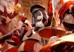  5girls absurdres admiral_graf_spee_(azur_lane) admiral_hipper_(azur_lane) azur_lane barrel beer_mug black_gloves black_hair blue_eyes boots breasts cropped cross-laced_footwear crossed_legs cup deutschland_(azur_lane) drinking_glass drunk dutch_angle fur_trim gauntlets gloves graf_zeppelin_(azur_lane) green_eyes grin gunblade hat headgear highres indoors lack looking_at_viewer medium_breasts military_hat mouth_hold mug multicolored_hair multiple_girls official_art pantyhose prinz_eugen_(azur_lane) red_eyes red_hair scan sharp_teeth sitting smile streaked_hair table teeth thigh_strap tsurime two_side_up underboob weapon white_hair wine_glass 