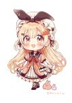  1girl :d absurdres animal animal_ears bangs black_sailor_collar blonde_hair blush boots bow brown_footwear brown_jacket carrot_hair_ornament chibi cross-laced_footwear dress eyebrows_visible_through_hair fake_animal_ears food-themed_hair_ornament full_body hair_between_eyes hair_ornament hairclip hat highres jacket lace-up_boots long_hair looking_at_viewer mob_cap original rabbit rabbit_ears red_bow red_eyes sailor_collar sailor_dress sakura_oriko short_sleeves simple_background smile solo standing translated two_side_up very_long_hair white_background white_dress white_headwear 