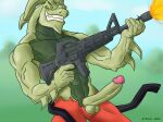  absurd_res ar-15 balls bottomwear clothing dinosaur epic_games erection fortnite genitals hi_res humanoid_genitalia humanoid_penis hybrid male muscular penis red_clothing reptile scalie shorts solo video_games 