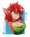  2022 activision ambris anthro blush breasts brown_hair bust_portrait cervid cleavage clothed clothing elora eyebrow_through_hair eyebrows faun_(spyro) female green_eyes hair hi_res inner_ear_fluff mammal portrait short_hair smile solo spyro_reignited_trilogy spyro_the_dragon translucent translucent_hair tuft video_games 