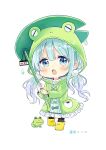  1girl :o absurdres animal animal_hood bangs black_legwear blue_eyes blue_hair blush boots bow chibi commentary_request drawstring dress eyebrows_visible_through_hair frilled_dress frills frog frog_hood frog_raincoat full_body green_bow green_jacket hair_between_eyes highres holding hood hood_up hooded_jacket jacket leaf_umbrella long_hair looking_at_viewer low_twintails open_clothes open_jacket open_mouth original pantyhose personification rubber_boots sakura_oriko simple_background solo standing translation_request twintails very_long_hair water_drop wet white_background white_dress yellow_footwear 