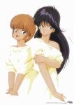  1980s_(style) 2girls ayukawa_madoka black_hair blue_eyes copyright_name grabbing_own_arm green_eyes highres hiyama_hikaru kimagure_orange_road long_hair looking_at_viewer matsumoto_izumi mole mole_under_eye multiple_girls non-web_source off_shoulder official_art open_mouth orange_hair own_hands_together retro_artstyle scan short_hair simple_background sleeves_past_elbows smile v_arms white_background 