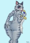  anthro asuri_(brawlhalla) big_butt blue_eyes brawlhalla butt felid feline female grey_body hand_on_butt hi_res joytec looking_back mammal melee_weapon pantherine solo spread_butt spreading stripes sword thick_thighs tiger tongue tongue_out weapon wide_hips 