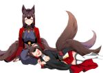  2girls akagi_(azur_lane) amagi_(azur_lane) animal_ears azur_lane black_kimono breasts brown_hair brown_sash brown_tail closed_eyes eyeliner fox_ears fox_girl fox_tail hand_on_another&#039;s_head headpat japanese_clothes kimono kitsune kyuubi lap_pillow large_breasts long_hair lying makeup multiple_girls multiple_tails on_side seiza sitting smile steed_(steed_enterprise) tail thick_eyebrows 