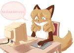  anthro averi_(fiddleafox) blush canid canine chair computer_keyboard computer_monitor computer_mouse cute_fangs dialogue english_text female fox furniture green_eyes hair mammal nude sitting solo speech_bubble tan_hair text unknown_artist 