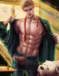  1boy abs bara blonde_hair bond_(spy_x_family) dog half-dressed highres looking_at_viewer male_focus male_nipples mature_male muscular muscular_male partially_clothed pectorals penis solo solo_male spy_x_family toned toned_male topless_male twilight_(spy_x_family) 