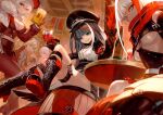  5girls admiral_graf_spee_(azur_lane) admiral_hipper_(azur_lane) azur_lane barrel beer_mug black_gloves black_hair blue_eyes boots breasts cropped cross-laced_footwear crossed_legs cup deutschland_(azur_lane) drinking_glass drunk dutch_angle fur_trim gauntlets gloves graf_zeppelin_(azur_lane) green_eyes grin gunblade hat headgear highres indoors lack looking_at_viewer lossy-lossless medium_breasts military_hat mouth_hold mug multicolored_hair multiple_girls official_art pantyhose prinz_eugen_(azur_lane) red_eyes red_hair scan sharp_teeth sitting smile streaked_hair table teeth thigh_strap third-party_edit tsurime two_side_up underboob weapon white_hair wine_glass 