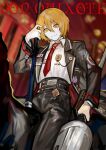  black_jacket blonde_hair carousel don_quixote_(limbus_company) highres jacket limbus_company necktie nishikujic orange_eyes orange_hair polearm project_moon riding shirt smile weapon 