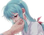  1girl age_difference aqua_hair bow crying face hair_bow imuro kuwabara_kazuma long_hair low_ponytail older portrait red_bow red_eyes sad scar scar_on_hand sidelocks sweater tears white_background white_sweater yu_yu_hakusho yukina_(yu_yu_hakusho) 