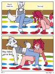  ailurid anthro barefoot blue_eyes breasts canid canine clothed clothing comic dialogue duo english_text feet female female/female fiona_(artist) fox fur grey_body grey_fur hi_res mammal midriff pink_body pink_fur red_panda shey_(thewrittenvixen) shirt tank_top text topwear twister viola yellow_eyes 