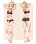  1girl abs absurdres adjusting_hair alternate_costume angry armpits arms_behind_head ass blonde_hair border braid breasts brown_background deccatezu fate/grand_order fate_(series) french_braid frown green_eyes heel_up highres mordred_(fate) multiple_views navel outside_border ponytail short_shorts shorts small_breasts solo sports_bra sweat white_border 