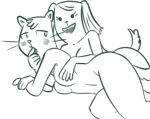  breasts canid canine canis character_request collarbone domestic_cat domestic_dog doodle_town duo featureless_breasts felid feline felis female female/female hair half-closed_eyes kitty_lolo mammal monochrome narrowed_eyes nude redout smile whiskers 