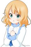  1girl :o bangs blonde_hair blush commentary_request cosplay dress eyebrows_visible_through_hair gochuumon_wa_usagi_desu_ka? green_eyes hands_up highres kirima_syaro lillie_(pokemon) lillie_(pokemon)_(cosplay) long_sleeves mitya own_hands_together parted_lips pokemon pokemon_(anime) pokemon_journeys puffy_long_sleeves puffy_sleeves simple_background solo twitter_username white_background white_dress 