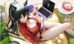  1girl animal_ears arknights bangs birthday_cake black_hair bottomless breasts cake cellphone cleavage closed_mouth computer couch earphones female_pubic_hair food from_above gift groin hair_between_eyes holding holding_phone laptop large_breasts long_hair notebook omone_hokoma_agm phone plate ponytail pubic_hair red_eyes red_shirt shirt sitting smartphone solo sword texas_(arknights) thighs weapon wolf_ears wolf_girl 