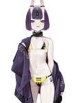  1girl absurdres bikini blush bob_cut breasts collar collarbone eyebrows_visible_through_hair fang fate/grand_order fate_(series) hair_ornament hand_up highres horn_ornament horns looking_at_viewer off_shoulder oni oni_horns purple_eyes purple_hair see-through short_hair shuten_douji_(fate) simple_background skin-covered_horns skin_fang small_breasts smile smug string_bikini swimsuit swimsuit_under_clothes vertigris white_background 