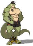  absurd_res anthro big_muscles big_pecs body_hair bottomwear chest_hair claws clothed clothing darknaigart dinosaur facial_hair footwear green_body hands_on_hips hat headgear headwear hi_res jace_(darknaig) male muscular muscular_anthro muscular_male nipples pecs reptile scalie shorts simple_background solo standing tattoo theropod toeless_footwear topless tyrannosaurid tyrannosaurus tyrannosaurus_rex white_background 
