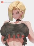  1girl android_18 araneesama black_choker blonde_hair blue_eyes bob_cut breast_lift breast_squeeze breasts choker cleavage covered_nipples crop_top crop_top_overhang dragon_ball dragon_ball_z earrings english_commentary expressionless eyeshadow frills highres huge_breasts jewelry looking_at_viewer makeup no_bra short_hair solo upper_body white_background 