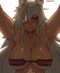  1girl animal_ears artist_name bandeau blush breasts choker closed_mouth collarbone commentary dark-skinned_female dark_skin english_commentary eyepatch ghislaine_dedoldia grey_hair highres kabedon large_breasts long_hair looking_at_viewer mushoku_tensei pov red_choker red_eyes scar scar_on_cheek scar_on_face scar_on_stomach seraziel simple_background solo sweat white_background 