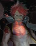 1boy abs bangs bare_pectorals black_vest breathing_fire fairy_tail fire looking_at_viewer male_focus natsu_dragneel open_clothes open_mouth open_vest pectorals pink_hair scarf scarf_removed short_hair shoulder_tattoo solo tattoo tobu_0w0 toned toned_male upper_body vest white_scarf 
