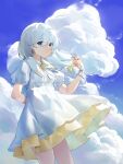  1girl bangs blue_eyes bow cloud dress earrings ginklaga highres honkai_(series) honkai_impact_3rd jewelry layered_dress long_hair looking_at_viewer outdoors skis smile solo theresa_apocalypse white_dress white_hair yellow_bow 