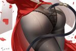  1girl absurdres arknights ass ass_focus backless_dress backless_outfit black_legwear black_panties breasts cat_tail dated dress dutch_angle heart highres large_breasts lower_body panties panties_under_pantyhose pantyhose red_dress sabou_san-shitsu_kokoro schwarz_(arknights) simple_background solo tail tail_ornament tail_ring tail_through_clothes thighs underwear white_background 