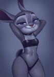  2022 absurd_res anthro bedroom_eyes breasts clothed clothing collaboration disney female fur grey_body grey_fur gris_swimsuit hands_behind_head hi_res judy_hopps kodigozoot lagomorph leporid long_ears looking_at_viewer mammal meme meme_clothing multicolored_body narrowed_eyes navel one-piece_swimsuit pinup portrait pose purple_eyes qupostuv35 rabbit scut_tail seductive short_tail simple_background small_breasts smile solo squint standing swimwear thick_thighs three-quarter_portrait translucent translucent_clothing translucent_swimwear two_tone_body wide_hips zootopia 