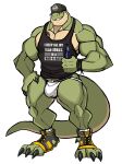 absurd_res anthro big_muscles black_clothing black_shirt black_tank_top black_topwear body_hair bottle bulge chest_hair claws clothing darknaigart dinosaur facial_hair footwear green_body hat headgear headwear hi_res jace_(darknaig) jockstrap male muscular muscular_anthro muscular_male pecs reptile scalie shirt simple_background solo standing tank_top tattoo text text_on_clothing text_on_shirt text_on_topwear theropod toeless_footwear topwear tyrannosaurid tyrannosaurus tyrannosaurus_rex underwear white_background 