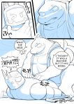  2022 allstatus3 angry anthro belly big_belly blush clothing comic duo english_text fish for_a_head hi_res hoodie kemono lying male marine object_head overweight overweight_male scar screen screen_face screen_head shark shirt sitting text topwear 