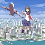  1girl aircraft airplane bangs blue_sky blurry blurry_foreground brown_eyes brown_hair building city cityscape closed_mouth cloud commentary_request day giant giantess grey_legwear grey_sailor_collar grey_skirt kneehighs long_hair looking_at_viewer neckerchief original outdoors pleated_skirt red_neckerchief sailor_collar school_uniform serafuku shapoco shirt short_sleeves skirt sky skyscraper smile solo standing straight_hair throwing water white_shirt 