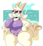  anthro big_breasts breasts chikn_nuggit clothing dragon eyewear female fwench_fwy_(chikn_nuggit) hand_on_hip hi_res horn huge_thighs lewd_dorky non-mammal_breasts nonbinary_(lore) one-piece_swimsuit scalie smile solo sunglasses swimwear thick_thighs white_body wide_hips 