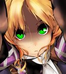  1girl bangs black_shirt blonde_hair brown_shirt closed_mouth commentary_request expressionless face green_eyes ichijou_tatami looking_at_viewer mizuhashi_parsee scarf shirt short_hair solo touhou undershirt white_scarf 