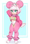  absurd_res anthro big_breasts bra breasts clothing collar female green_eyes hair hi_res ichig8miruku_(artist) legband looking_at_viewer pink_body smile solo species_request spiked_collar spiked_legband spikes underwear 